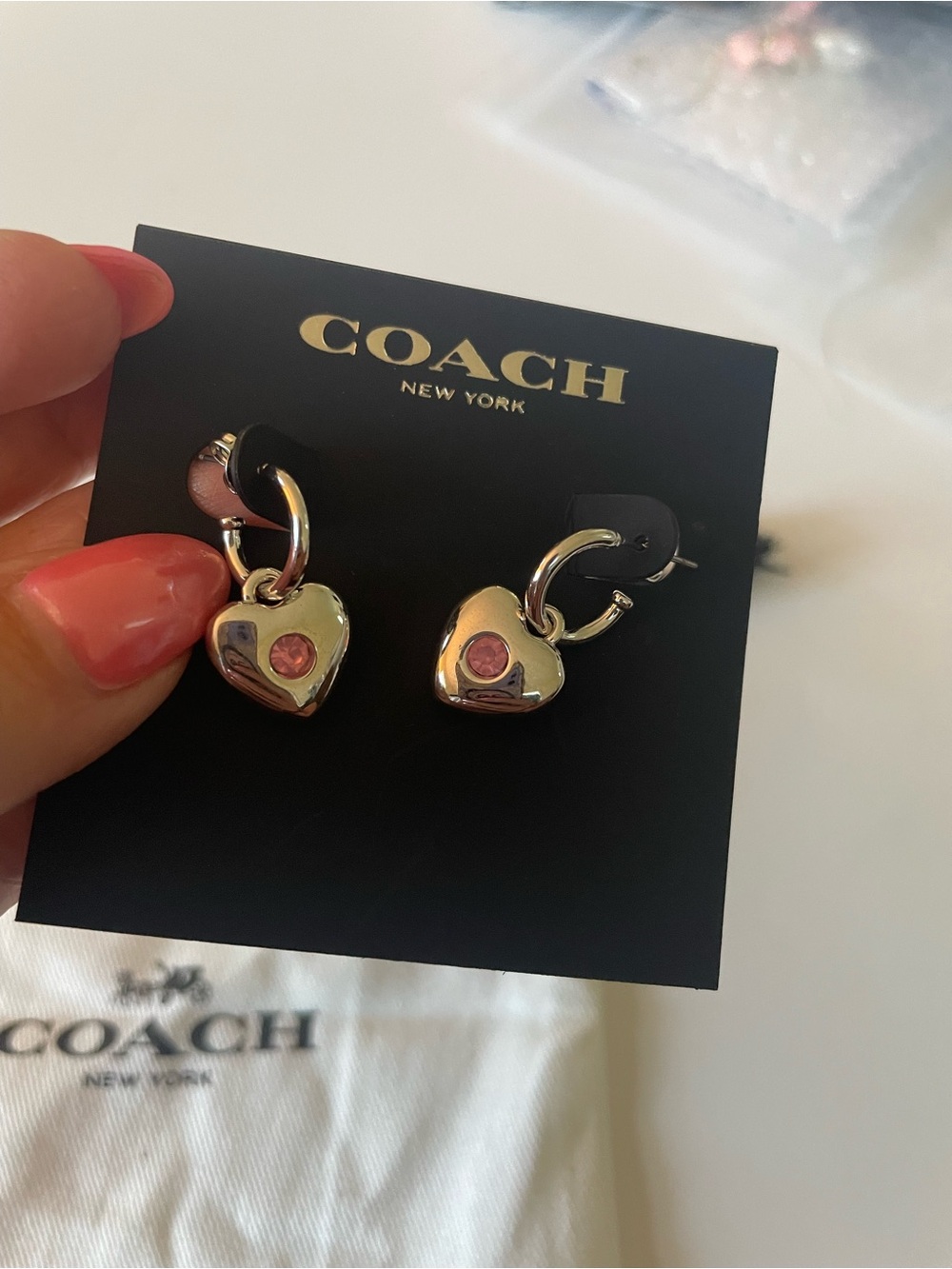 Coach Silver Heart Hoop Earrings with Pink Stone - Picture 4 of 4